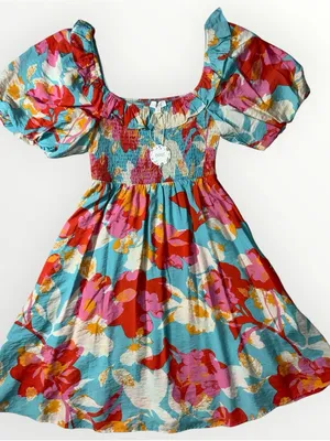 NWT Oddy Smocked Floral Off Shoulder Rayon Boutique Dress Sz Small #260 thumbnail 1
