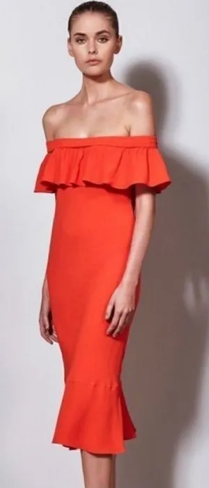 Veronica Beard Oleta Off‎ Shoulder Orange Midi Dress Size 4 Flamenco thumbnail 1