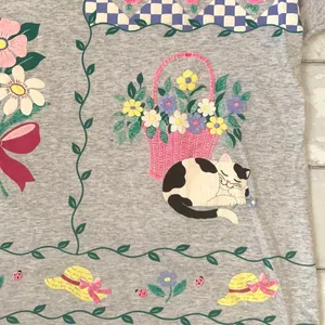 Women’s L/G Gray Short Sleeve Gardening Flower Cat Shirt 100% Cotton Size Large thumbnail 3