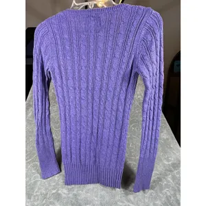 Y2K American Eagle V Neck Fitted Cable Knit Sweater Women Medium Purple Preppy thumbnail 6