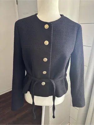 Zara NWT Textured Black tie Belted blazer cardigan Jacket with Gold Buttons thumbnail 4
