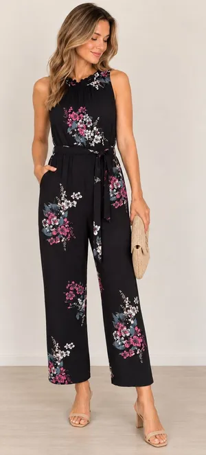 LOFT Black Floral Wide Leg Belted Jumpsuit XS thumbnail 1