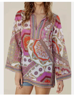 NWT HALE BOB Joanna Voile Fuchsia Beaded Long Flared Sleeve Tunic Top Silk Blend thumbnail 4