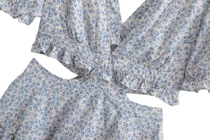 NEW White/Blue Floral Deep V Cutout Waist Ruffled Tiered Dress thumbnail 7