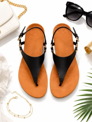 Vionic Kirra Black Leather Orthotic Ring Detail Comfort Thong Sandals Size 6 EUC thumbnail 10