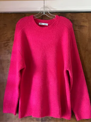 Zara Hot Pink Chunky Knit Oversized Crewneck Sweater Long Sleeve Pullover. Sz M thumbnail 2