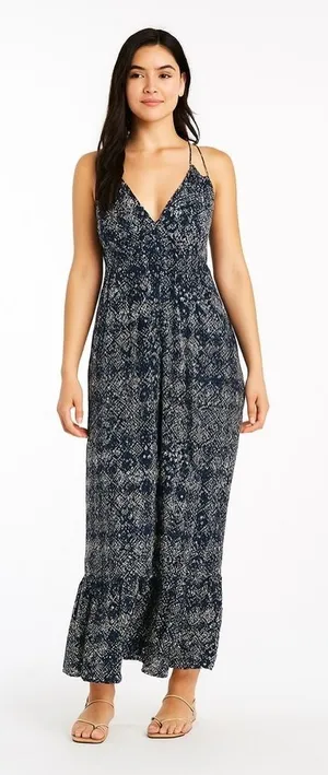 Lucky Brand John Robshaw Crochet Lace Back Maxi Dress Navy Blue White Small Boho thumbnail 1