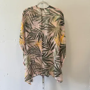 Francescas Tropical Palm Leaf Sheer Swim Cover Up Pink Green Small Crochet Trim thumbnail 2