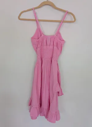 Hot Pink Barbie Bubble Gum Pink Tie Front Ruffle Cotton Dress Size M/L NWT thumbnail 15