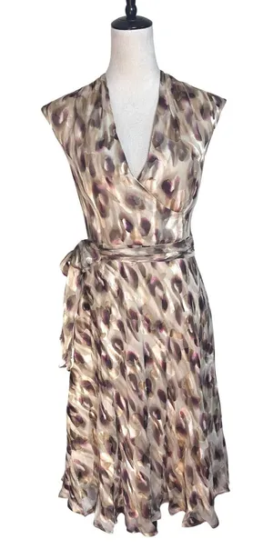 Jones New York Collection Silk Blend Wrap Dress Abstract‎ Print Taupe Plum Sz 8 thumbnail 1