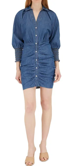 Veronica Beard Allie Ruched Chambray Mini Dress Denim Blue Buttons Collar Sz 2 thumbnail 1