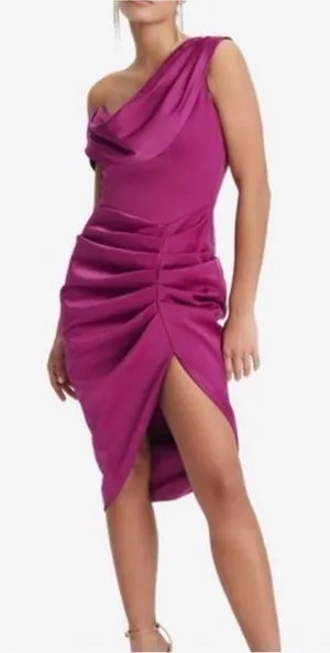 Lavish Alice Mya Midi‎ Dress Size 14 Off Shoulder Cocktail Satin Ruched Purple thumbnail 1