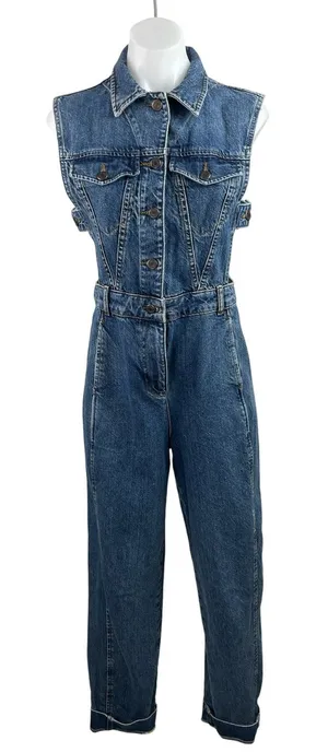 Topshop Women's Blue Sleeveless Denim Jean Button Up Overalls Jumpsuit Size M thumbnail 1