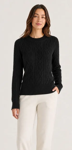 Quince Australian Merino Wool Women's Cable Knit Sweater Black S thumbnail 1