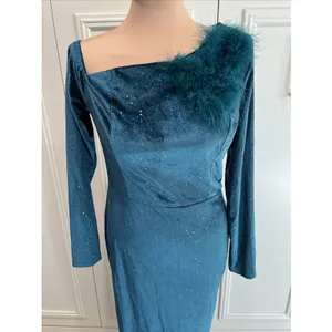 Aomei Teal Velvet Sparkle Maxi Dress Stretch Old Hollywood Glamour Opera Theater thumbnail 2
