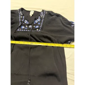 Blue Rain Black Embroidered Boho Mini Dress‎ Floral Tassel Tie Flutter Sleeve S thumbnail 4