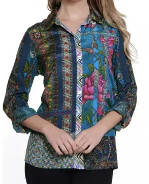 John Mark women's mixed-print button-front tunic‎ Size Large Silky Floral Boho thumbnail 1