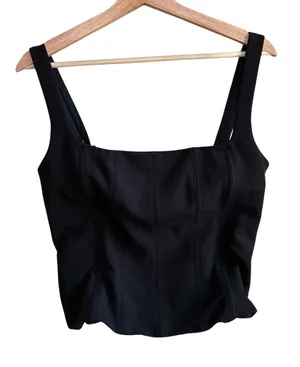 NWOT Zara black corset top ribbing square neckline women's M full zip dark thumbnail 1