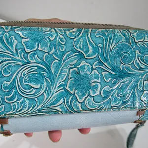 Teal Double Zip Studded Spiritual Tooled Cross Clutch Wallet Cowgirl Y2K thumbnail 4