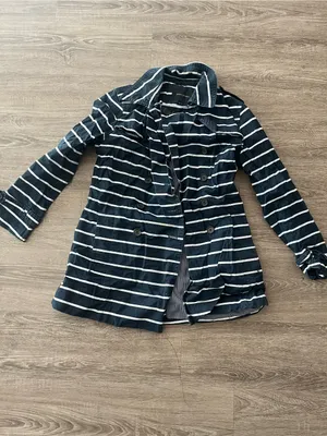 Banana Republic Double Breasted Cotton Trench Coat Womens MP Navy White Striped thumbnail 2