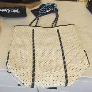Stylish White Tote Bag with Blue Accents thumbnail 3