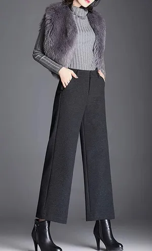 Tanming Women's Casual High Waist Trousers Wool Blend Cropped Wide Leg Pants thumbnail 5