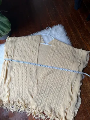 Butter Yellow Knit Poncho with Fringe Hemline thumbnail 6