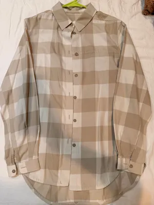 Lululemon Size 8 Beige White Buffalo Plaid Flannel Button Down Shirt Long Sleeve Oversized thumbnail 1