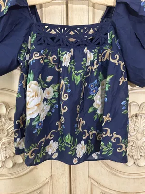 Farm Rio FLOWER TAPESTRY BLUE FLOWERED YOKE BLOUSE Size XSmall thumbnail 4
