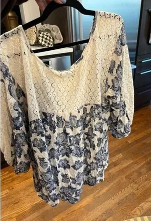 Free People Womens Blue Floral Roses Boho‎ Festival Tassel Poet Blouse M $120 thumbnail 1