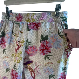World Market Floral Wide Leg‎ Pants Viscose Cream Pink Bird Print Size S/M Boho thumbnail 12