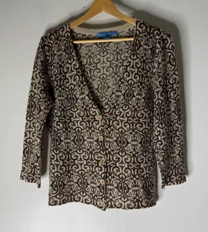 White + Warren Cashmere‎ Brown Cream V Neck Button Down Cardigan Large thumbnail 1