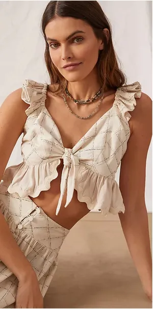 Anthropologie Raissa Tie Front Crop Top Small Cream Linen Check Ruffle Hem Boho thumbnail 1
