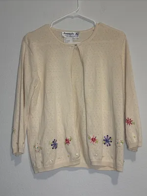 Vintage Joseph A. Cream Floral Embellished silk Knit Cardigan xl thumbnail 1