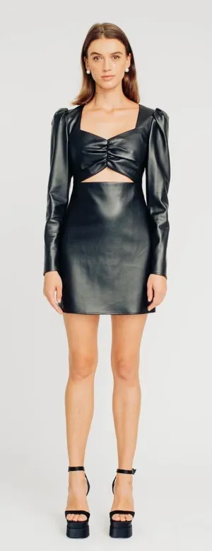 Torn by Ronny Kobo Gemma‎ Vegan Leather Cutout Mini Dress M black chic sleek thumbnail 1