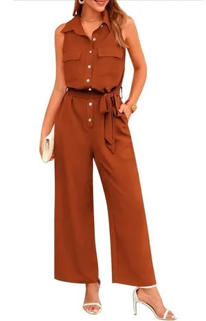 NEW Jumpsuit Dressy Casual Sleeveless Button Up Belted L thumbnail 1