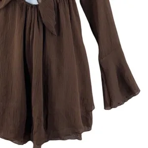 Urban Outfitters Mini Drress S Brown Tie Front Long Bell Sleeve‎ Boho Y2K Fairy thumbnail 6