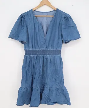 Blue Chambray Cotton Tiered Mini Dress Smocked Waist Flutter Sleeve Medium thumbnail 1