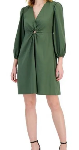 INC International Concepts Olive Green V‑Neck Mini Dress with Ring Detail thumbnail 1
