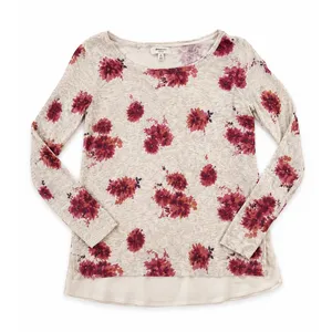 Lucky Brand Women's Floral Knit Sweater Chiffon Hem Beige Long Sleeve Size Small thumbnail 1