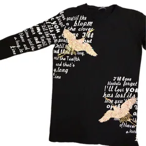 Comaekar Black Graphic‎ T-Shirt Dress Sequin Crane Bird Script Long Sleeve Mini thumbnail 5