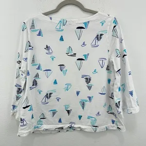 Fresh Produce Sailboat Print Boatneck Top Nautical 3/4‎ Sleeve White Blue thumbnail 3