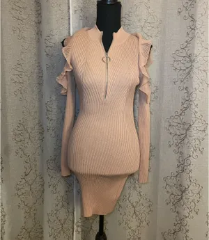 Self-Portrait Blush Knit Cold Shoulder Mini Dress Ruffle Sleeve Bodycon Medium thumbnail 2