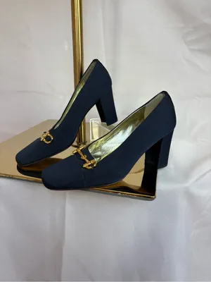 Andrea Carrano Navy Square-Toe Pumps with Gold Horsebit thumbnail 4