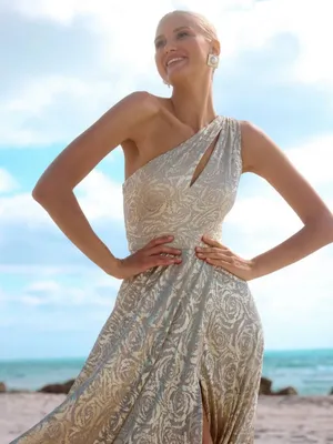 NWT BETSY AND ADAM "MARIAH" Gold FOIL KNIT ONE SHOULDER DRESS thumbnail 2