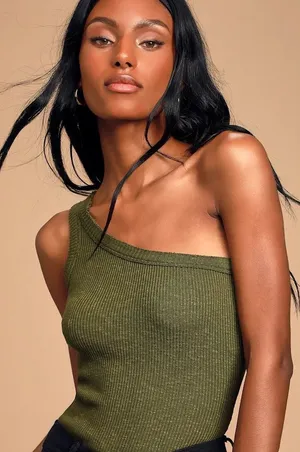 Lulus One Shoulder Tank Top Womens Small Olive Green Ribbed Knit Raw Edge‎ Trim thumbnail 1