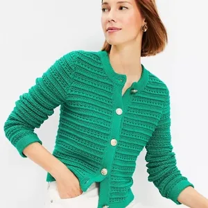 LOFT Women’s Green Chunky Crochet Cardigan Long Sleeve Sweater with Gold Buttons thumbnail 1