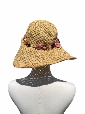 Lucky Brand Wide Brim Straw Hat One Size Floral Beaded Boho Sun Hat Festival thumbnail 4