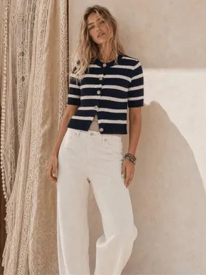Striped Navy and White Short-Sleeve Knit Cardigan Size Large NEW thumbnail 5