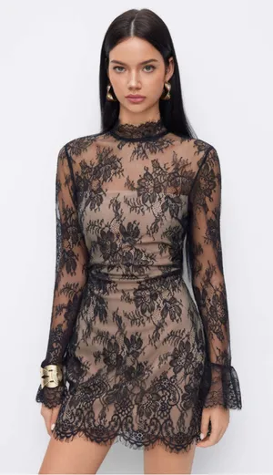 Cider Black Lace Stand Collar Long Sleeve Straight Mini Dress Size 10 thumbnail 1
